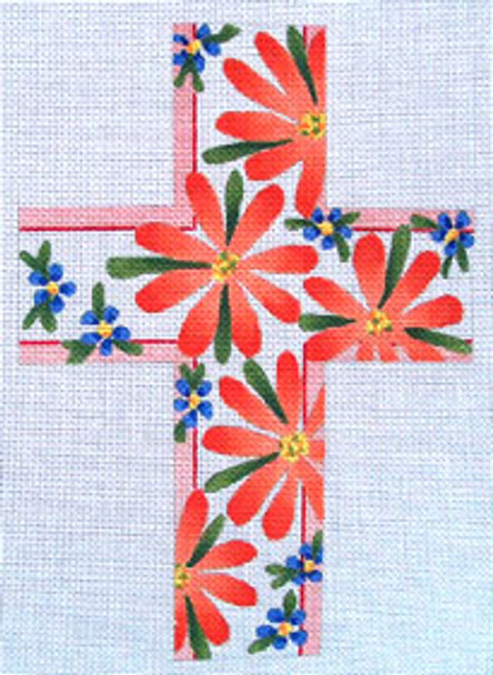 Ann Wheat Pace 101h Large Cross 18 Mesh 6.75"x 9" Coral Daisies and Forget-me-nots