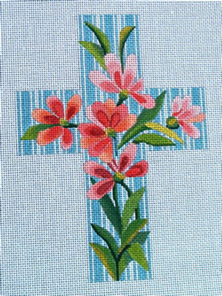 Ann Wheat Pace 105A  Large Cross 13 Mesh 6.75"x 9"` Pink Floral On Blue Stripes