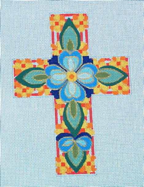 Ann Wheat Pace 105C  Large Cross 18 Mesh 6.75"x 9"` Blue Floral On Red Stripe