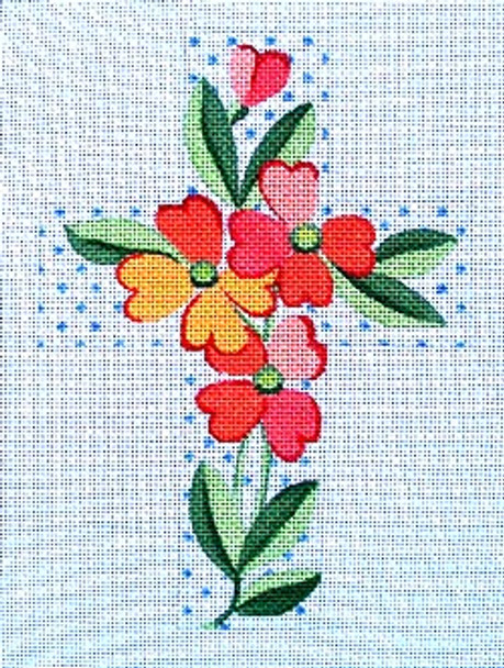 Ann Wheat Pace 105U Large Cross 18 Mesh 6.75"x 9"` Pink Flowers With Blue Dots Flora onCoral Slripes 