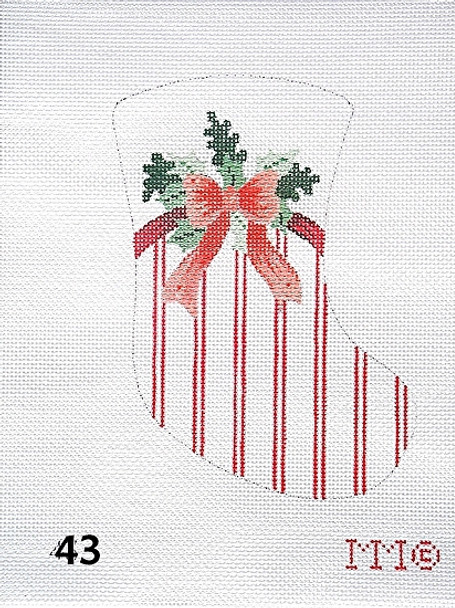 Stocking 43 Red Ribbon & Holly Leaves/ Red Striped Bdgd. 4" x 6" 18 Mesh MM Designs