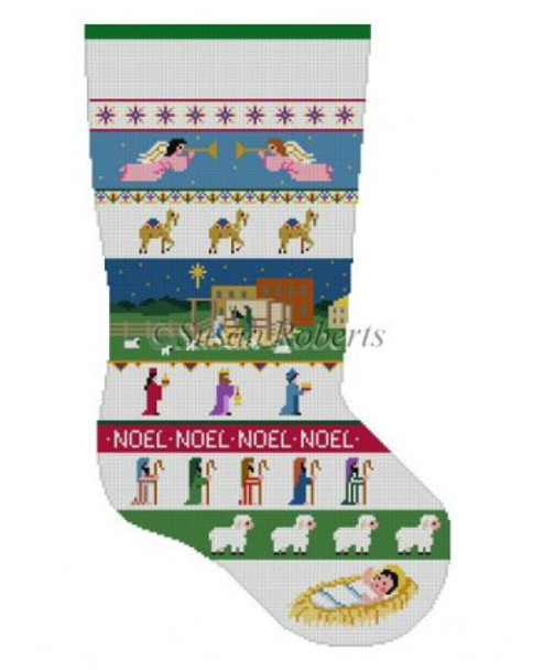 0124 Nativity Stripe, stocking #13 Mesh 19" h Susan Roberts Needlepoint