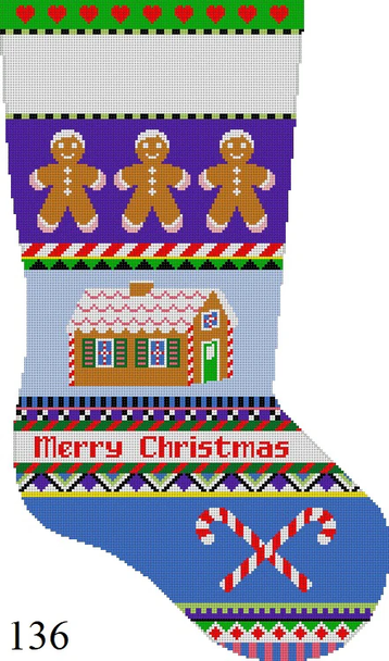 Full Size Stocking 136 Susan Roberts Needlepoint Bold Stripe Gingerbread 13 Mesh 19" High