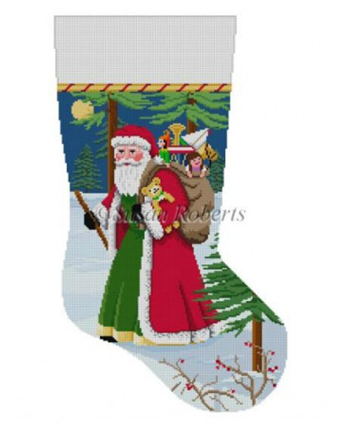 0130 Walking Stick Santa stocking 13 Mesh 19" h Susan Roberts Needlepoint