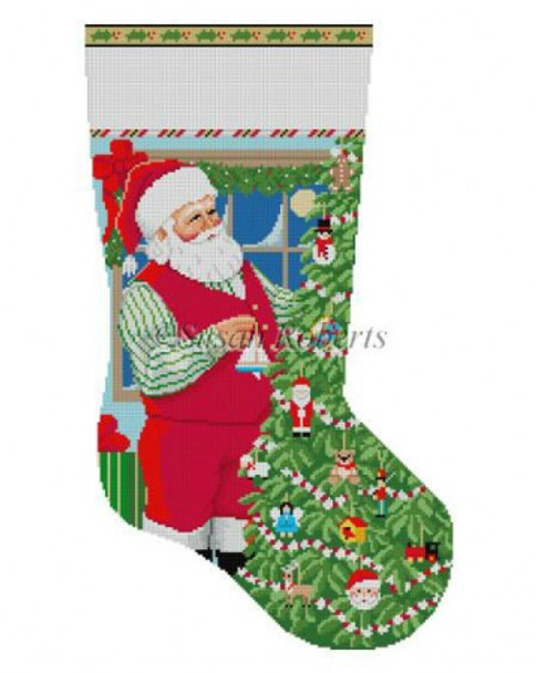 0196 Santa Decorating Toy Tree. stocking 13 Mesh 19" h Susan Roberts Needlepoint 