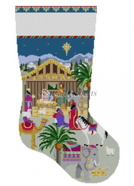 0198 Nativity Stable. stocking #13 Mesh 19" high Susan Roberts Needlepoint 