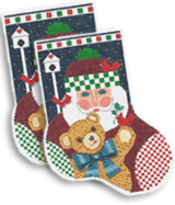 Christmas Midi Stocking 9” Tall MC02 Santa With Teddy Bear Shelly Tribbey Designs 18 Mesh