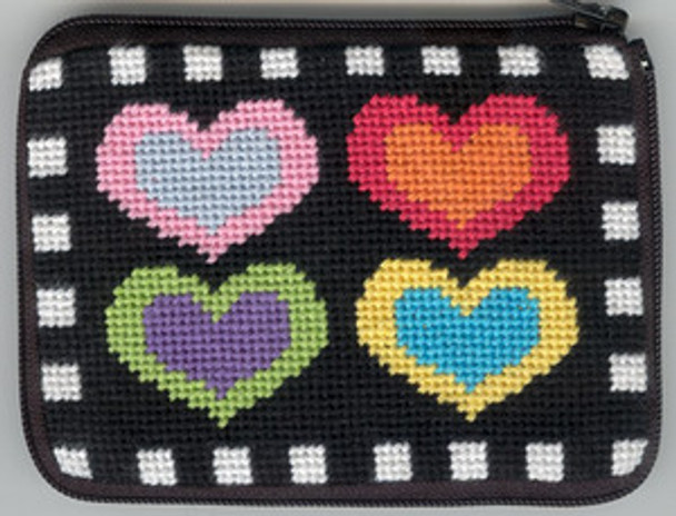 SZ160 CREDIT CARD  And COIN case Alice Peterson Stitch And Zip Hearts on Black