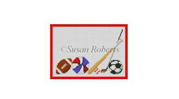 0829 Sports Equipment, sign #13 Mesh 7" x 5" Susan Roberts Needlepoint 