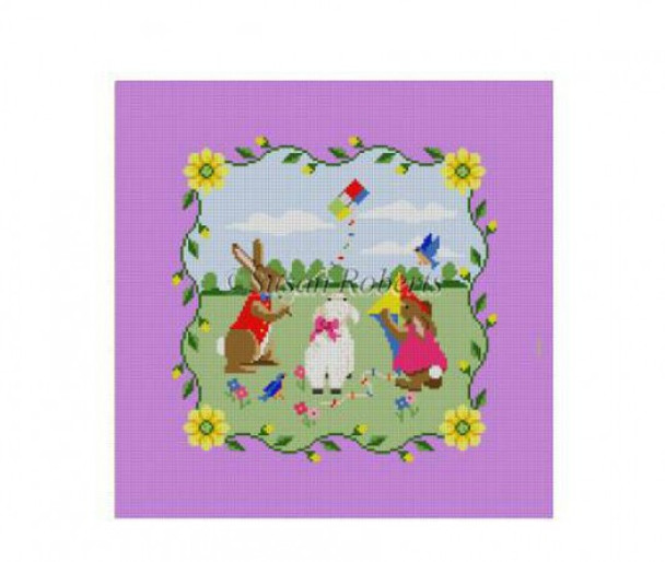 1341 Bunnies Flying Kites, child's seat  #13Mesh 15" x 15" Canvas Cut 20" x 20" Susan Roberts Needlepoint 