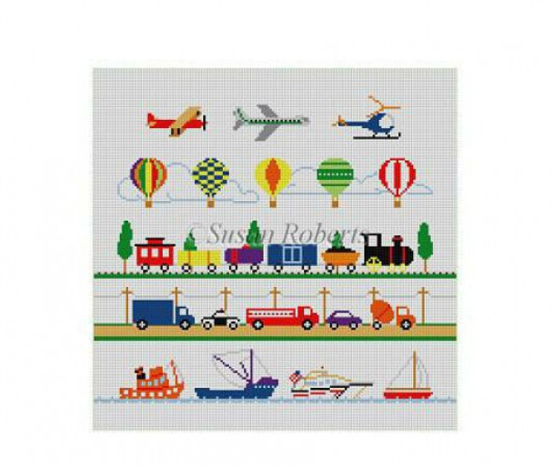 1310 Trains, Boats, &  Planes, child's seat 13 Mesh 20" x 20" Susan Roberts Needlepoint 