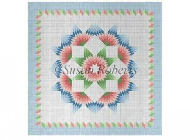 1615 Carnation Star, quilt, pastel 13 Mesh 14" x 14" Susan Roberts Needlepoint