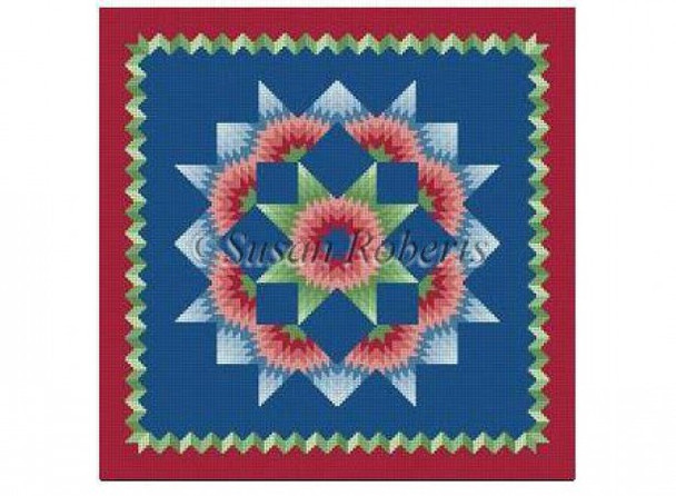 1614 Carnation Star, quilt, dark 13 Mesh 14" x 14" Susan Roberts Needlepoint