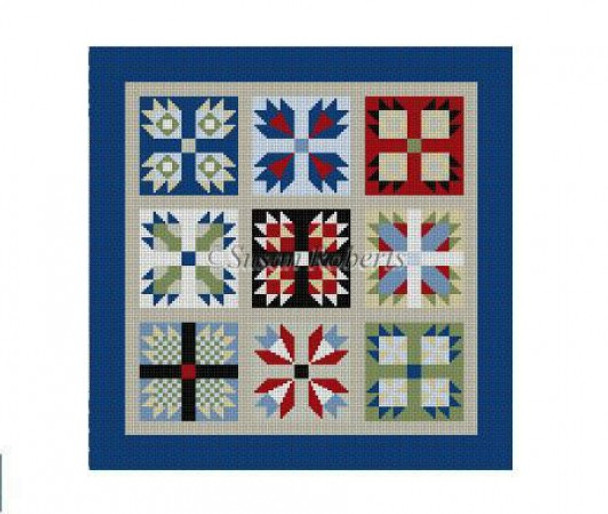 1629 Bear Paw, quilt #13 Mesh 14" x 14" Susan Roberts Needlepoint