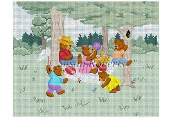 2309 Teddy Bear Picnic, child seat, 13 Mesh 16" x 12.5" Susan Roberts Needlepoint