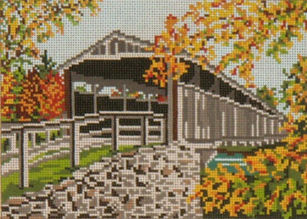 #1004 Perrine Covered Bridge (NY) AUTUMN 18 Mesh - 7" x 5"  Needle Crossings