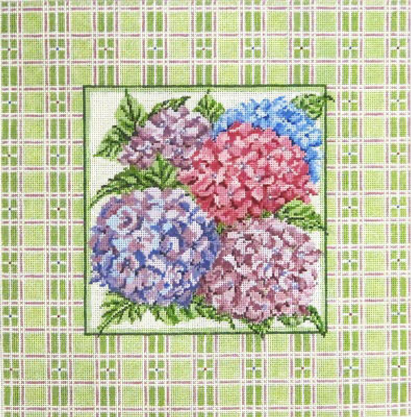 #237 Hydrangeas with Plaid Border 13 Mesh - 14" Square Needle Crossings