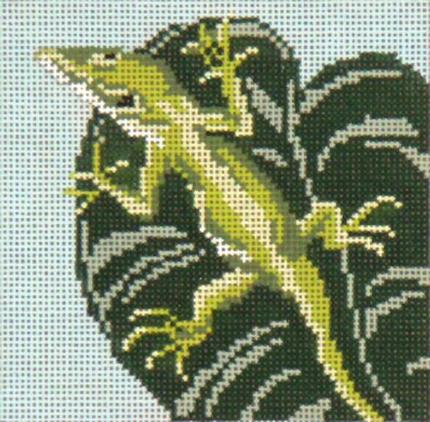 #771 Anole on Leaf 18 Mesh - 4" x 4"  Needle Crossings