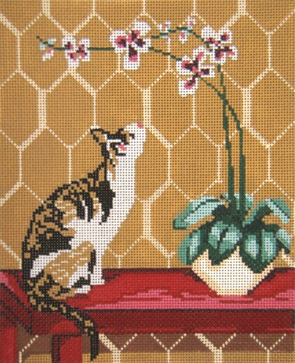 #3101 Calico Cat With Orchid 13 Mesh 8" x 10" Needle Crossings