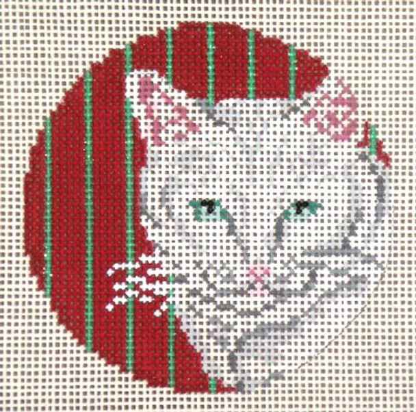 #1729-18 White Cat Ornament - Red & Green Stripes 18 Mesh - 3" Round (fit Lee Leather Goods) Needle Crossings 