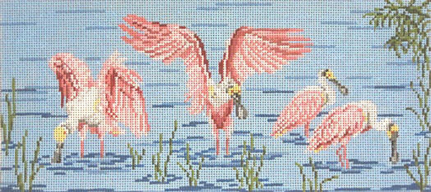 #1630 -13 Roseate Spoonbills on Water 13 Mesh - 13-3/4" x 6"   Needle Crossings