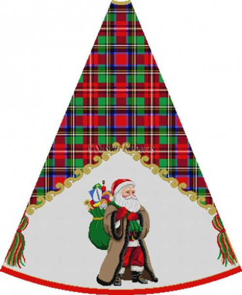 4003G Santa In Brown Coat With Toy Bag On Back, Tartan skirt 13 Mesh 30" h (1/8th circle Only) Susan Roberts Needlepoint