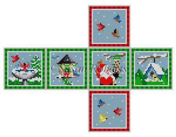 5217-18 Santa w/Birds, cube ornament #18 Mesh 2 3/4" cube  Susan Roberts Needlepoint