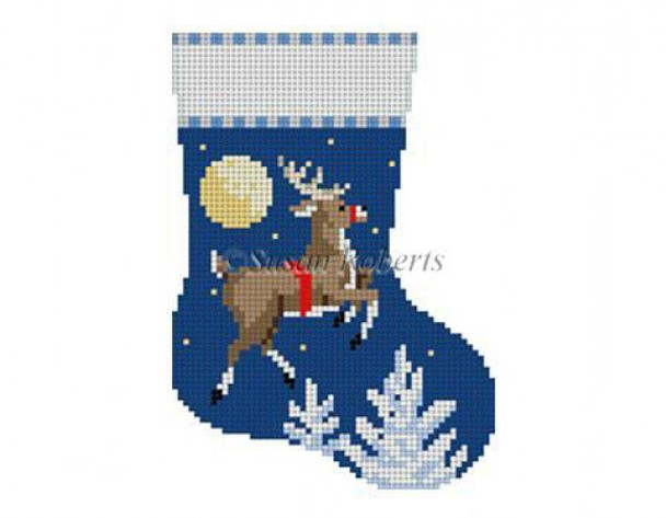 5402 Flying Reindeer, mini stocking #13 Mesh 4 1/2" h Susan Roberts Needlepoint