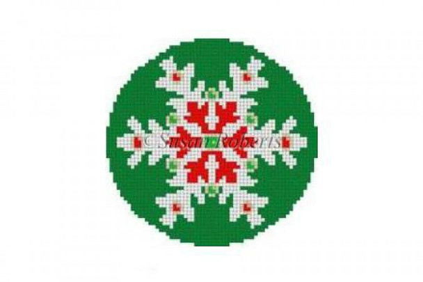 Ornament 5391 Susan Roberts  Needlepoint SNOWFLAKE, EMERALD JEWELED 3.25" Round 18 Mesh