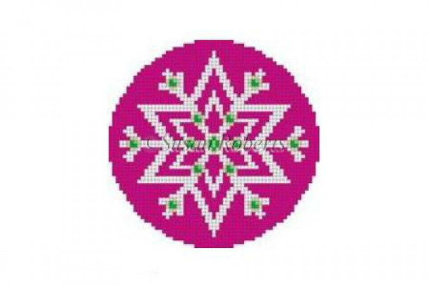 Ornament 5390 Susan Roberts  Needlepoint SNOWFLAKE, MAGENTA JEWELED 3.25" Round 18 Mesh