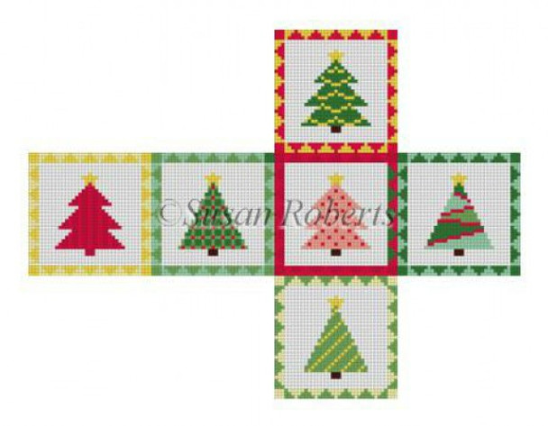 5340-18 Christmas Trees, cube ornament #18 Mesh 2 3/4" cube Susan Roberts Needlepoint