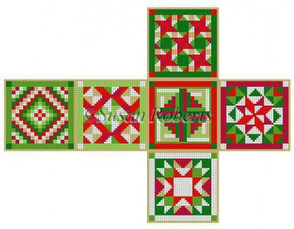 5337-18 Quilt Patches, cube ornament #18 Mesh 2 3/4" cube Susan Roberts  Needlepoint