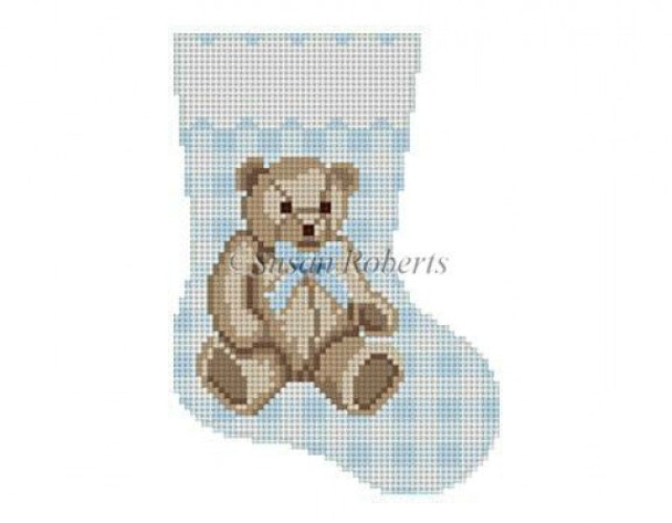 5421 Gingham Teddy, blue, mini stocking 4 1/2" h  #13 Mesh Susan Roberts  Needlepoint 