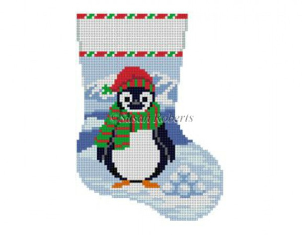 5435 Penguin w/ Snowballs. mini sock 4.25" x 6.25" 13 Mesh Susan Roberts  Needlepoint