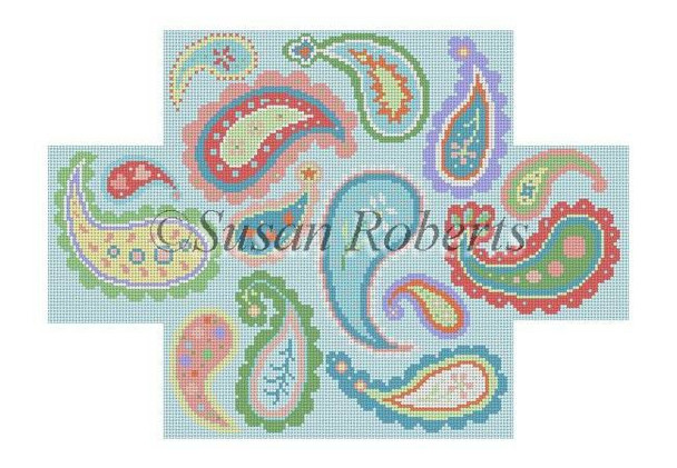 6303 Paisley, pastel brick cover 8 1/2" x 4 1/2" x 2 3/4" #13 Mesh Susan Roberts  Needlepoint