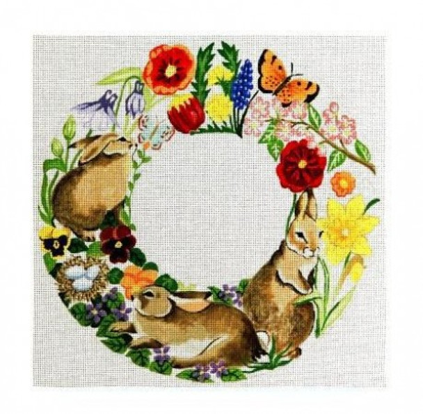 BA1627 Rabbits In Spring Flowers, wreath 13 Mesh 16 1/2" X 16 1/4" Susan Roberts  Needlepoint