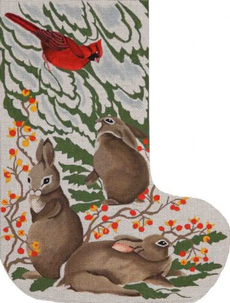 BE1465 Rabbit In Snow, stocking #13 Mesh 18 3/4" h Susan Roberts Needlepoint