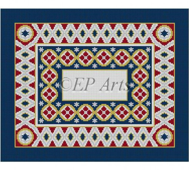 EP0154 Dresden, navy, burgundy, wht & metallic, tallis #13 Mesh Susan Roberts Needlepoint