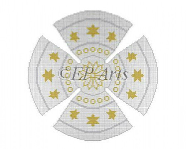 EP1162 Gold Star, White Petal, silver, yamulke #18 Mesh 7" round finished Susan Roberts Needlepoint