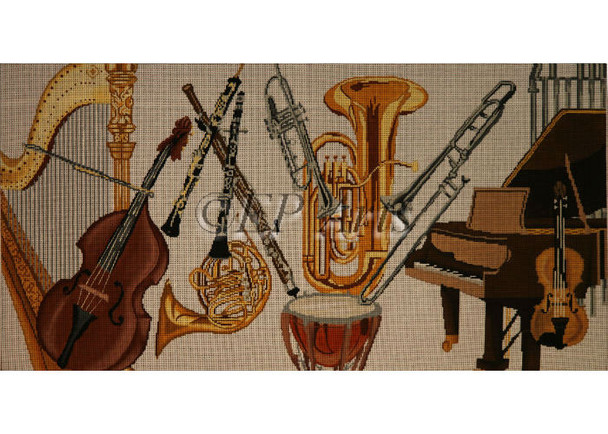 EP1702 Orchestra Instruments, bench #13 Mesh  32" x 16" Susan Roberts Needlepoint