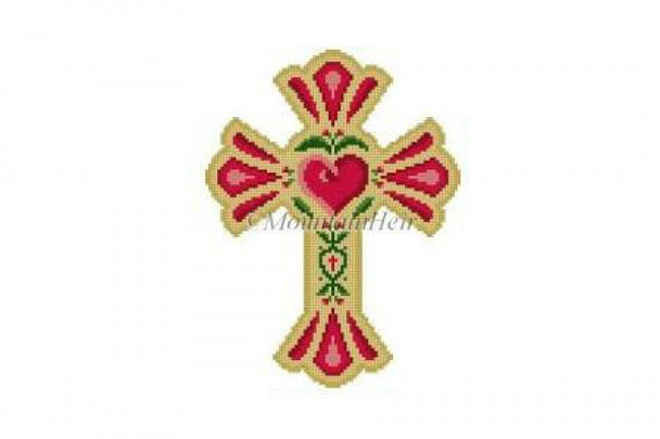 MH5294 Cross, Scalloped Heart #18 Mesh 4½” x 6” Susan Roberts Needlepoint 