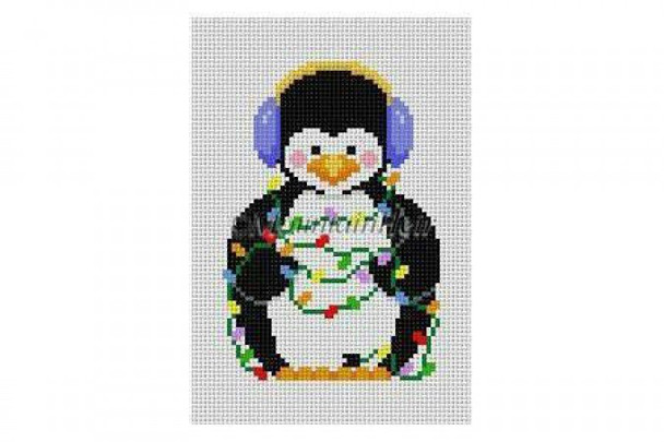 MH5401-18 Penguin, Tangled In Lights #18 Mesh 5 1/2" h Susan Roberts Needlepoint