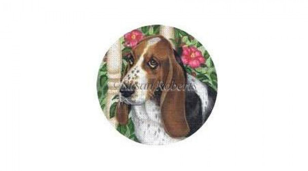 TTASP283 Basset Hound #18 Mesh 6¼” round Susan Roberts Needlepoint