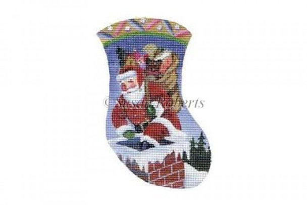 TTAXO181 Santa Sneaking In, mini stocking #18 Mesh 3 1/2" x 5 1/2" Susan Roberts Needlepoint