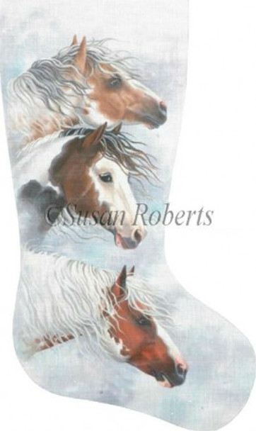 TTAXS394 Horses In Snow Clouds, stocking #18 Mesh 13” x 22½” Susan Roberts Needlepoint