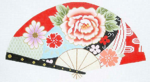 F802 Lee's Needle Arts Blossoms on Red Fan 18m 2013 10in. x 5.5in.