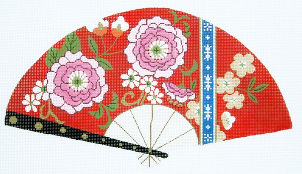F809SKU Lee's Needle Arts Pink Blossoms on Red Fan 18M 10in. x 5.5in.