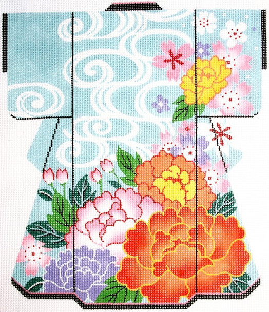 SPM348SKU Lee's Needle Arts Warm Flowers on Blue Kimono 18M 8in. x 10in.