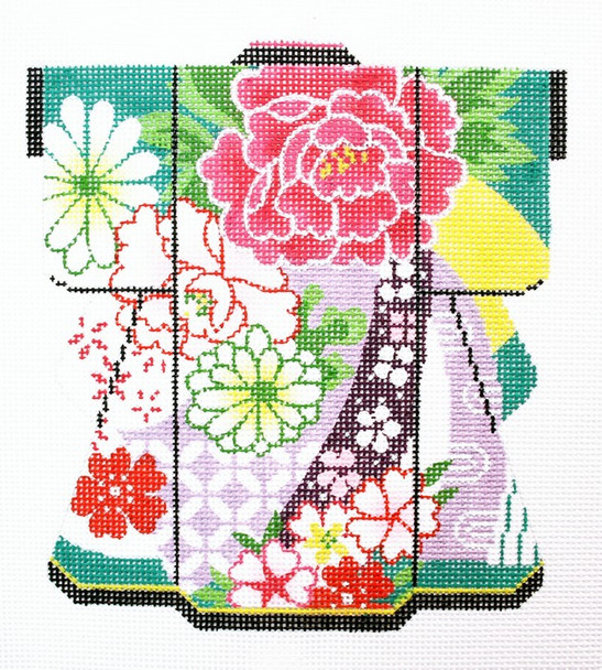 KB37SKU Lee's Needle Arts Bouquet on Teal Kimono 18M  5in. x 6in.