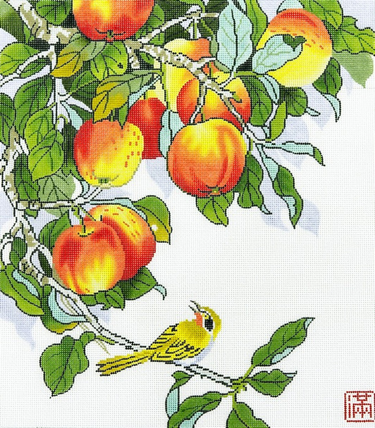 WH1307 Lee's Needle Arts Yellow Bird with Peaches Hand-painted canvas - 13 Mesh 14X16 - 13M